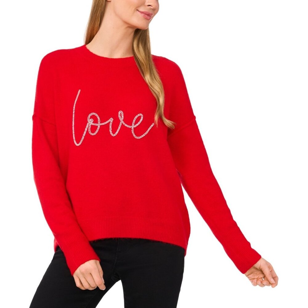 CeCe Women's Valentine's Crewneck Beaded Love Sweater Red Size S MSRP $79